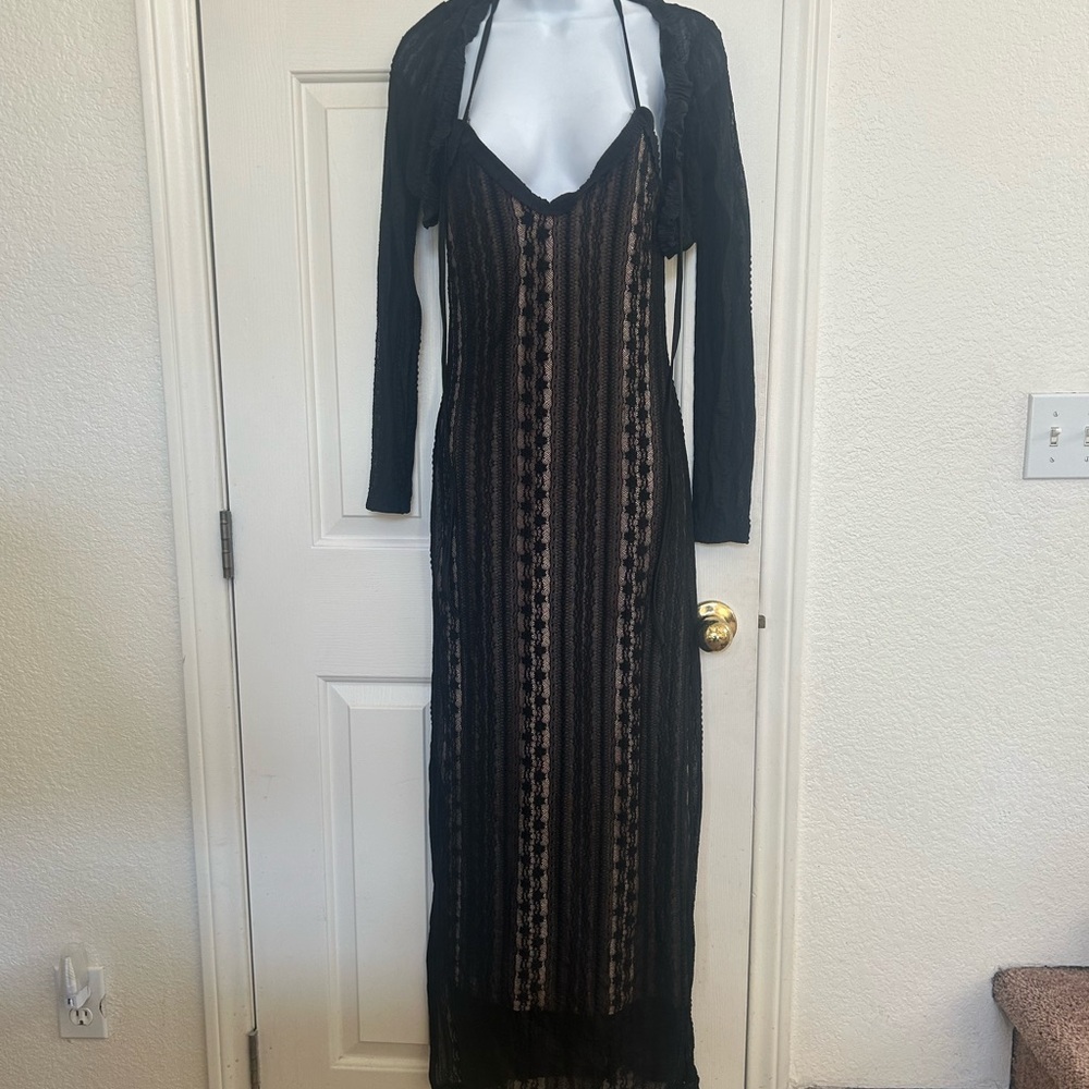 Commense Black Lace Maxi Dress with Nude Lining